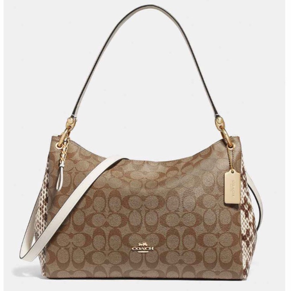 Coach Brown Signature Canvas Shoulder Bag with Cream Accents